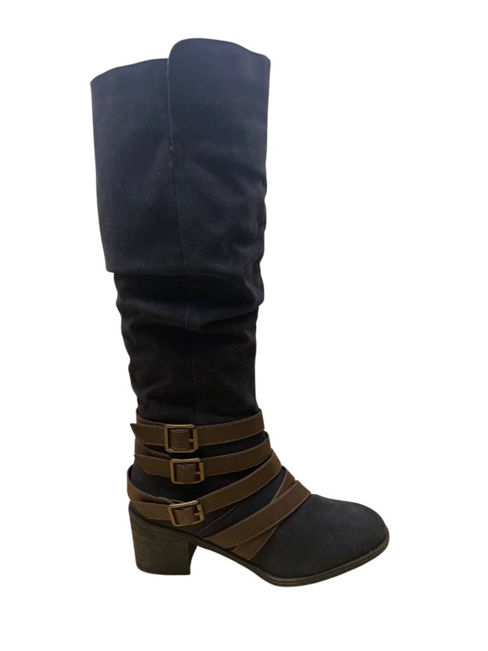 Cato Women’s Black & Brown Triple Buckle & Zip Closure Knee High Boots Size 9M